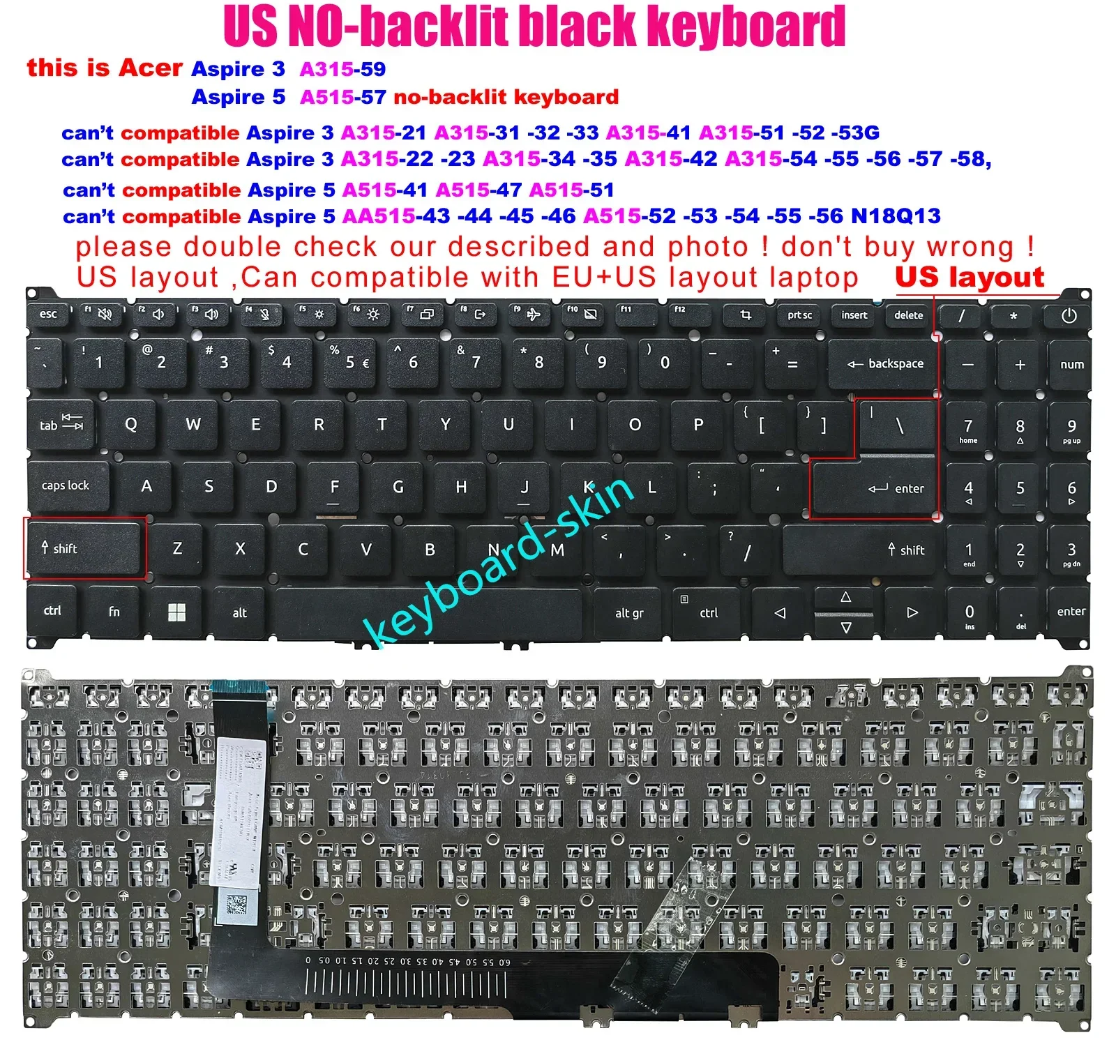 

New US NO-backlit Keyboard for Acer Aspire 3 A315-59 A315-59G N22C6 Aspire 5 A515-57 A515-57G Aspire 7 A715-51G A715-76G N22Q3