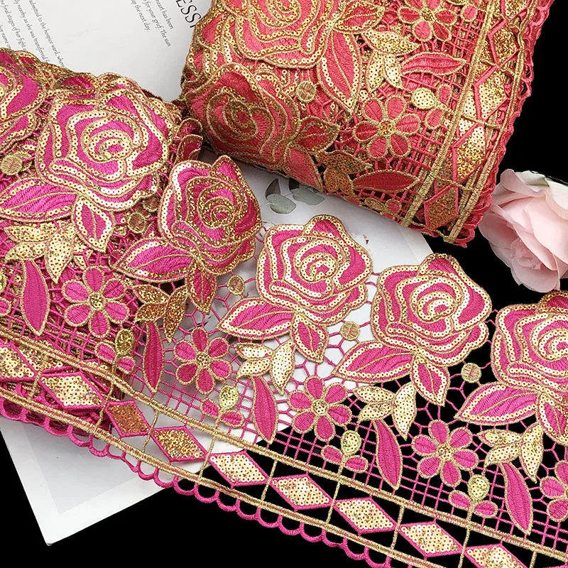 Garniture en dentelle à paillettes brodées florales exquises, 3 Yards, 19.5cm de large, pour accessoires de couture, décoration de mariage, fournitures artisanales de bricolage