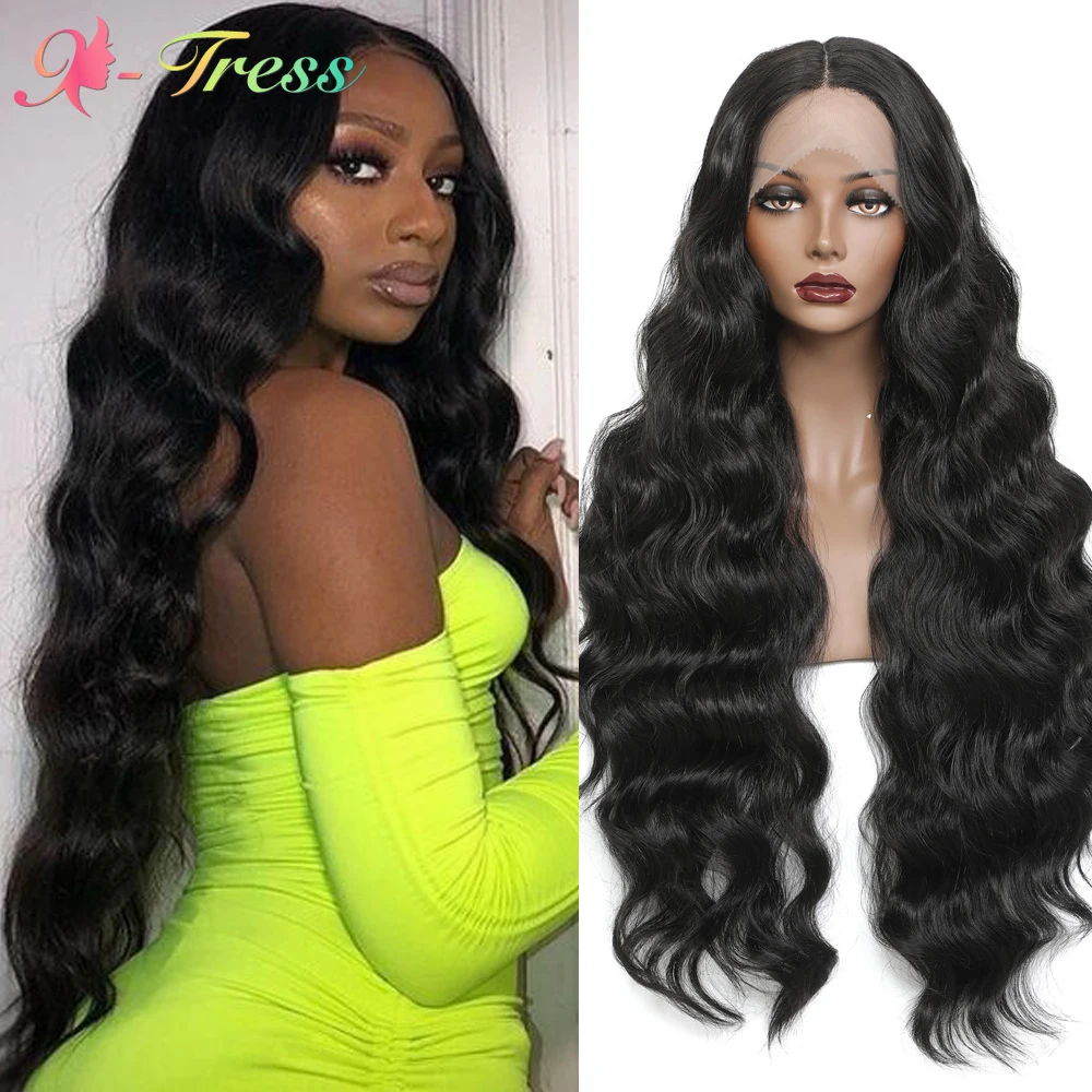 Long Body Wave Synthetic Lace Front Wigs X-TRESS Natural Color 32 Inch Middle/Free Part Lace Wig for Black Women Heat Resistant