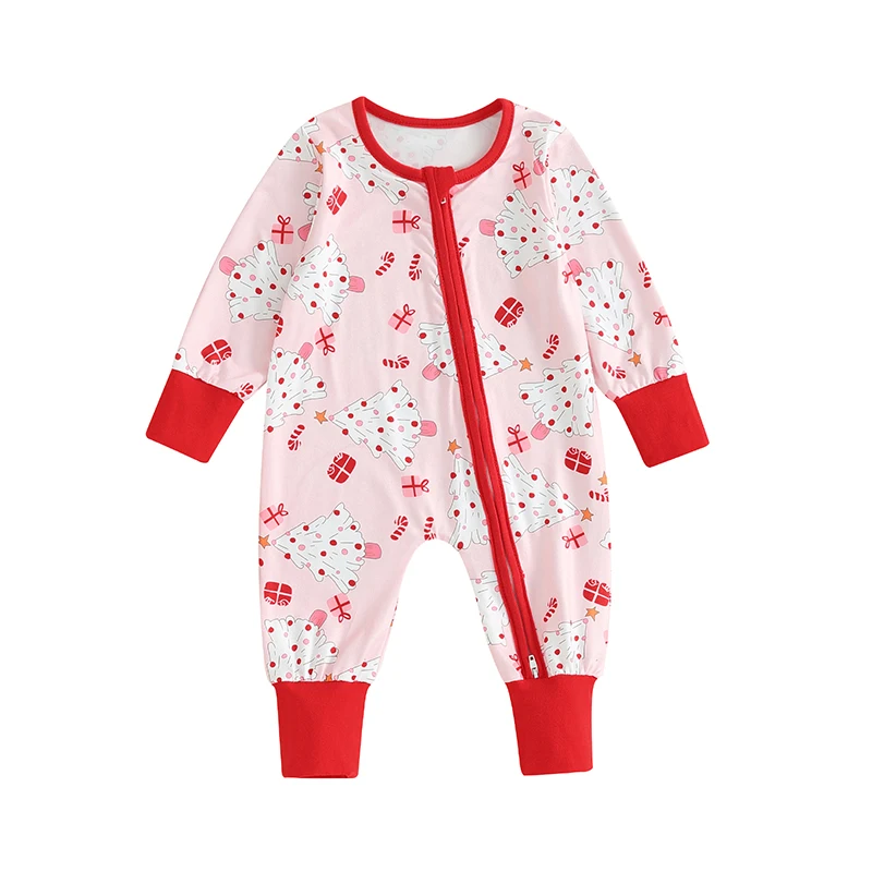 

Newborn Baby Boy Girl Christmas Outfit Baby Romper Cute Christmas Tree Print Long Sleeve Zipper Bodysuit Jumpsuit Christmas