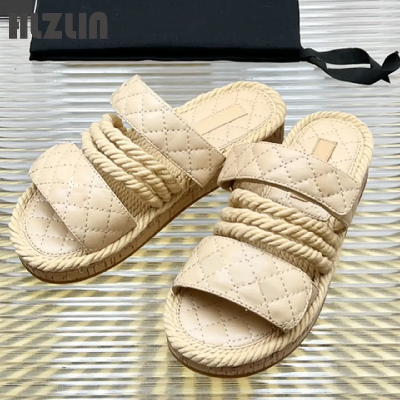 

High-end light luxury sheepskin slippers Summer straw Rope Slippers Leggings lambskin beach sandals shoes for women