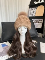 New Women Winter Natural Mink Fur Hats Knitted Real Mink Fox Fur Ball Caps Female Russian Warm Beanies Hat Fur Hat 2