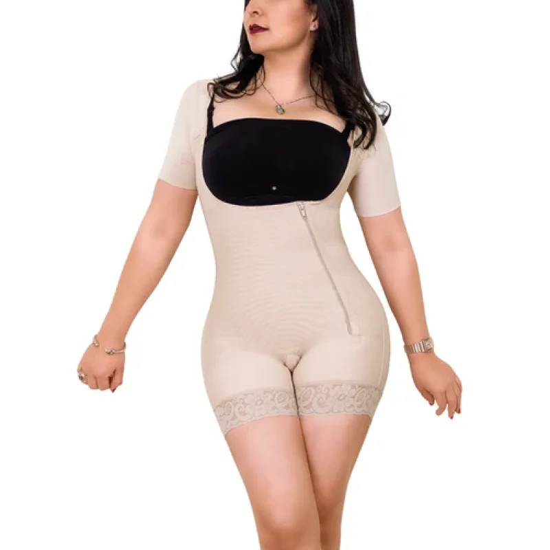 Beige Middle Sleeve Zip Adjustable Shapewear Shaper Breathable Fabric Front Closure Bodysuit Women Lace