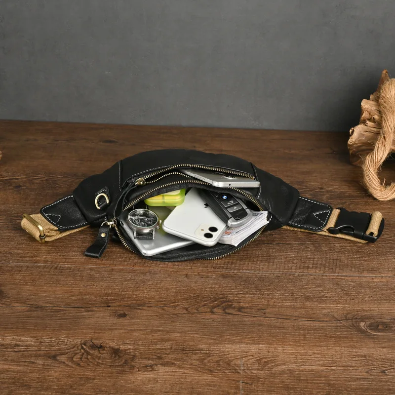 New Genuine Leather Chest Bag For Men Vintage Waist Pack Crossbody Bag Luxury Fanny Pack Male Strap Shoulder Bag