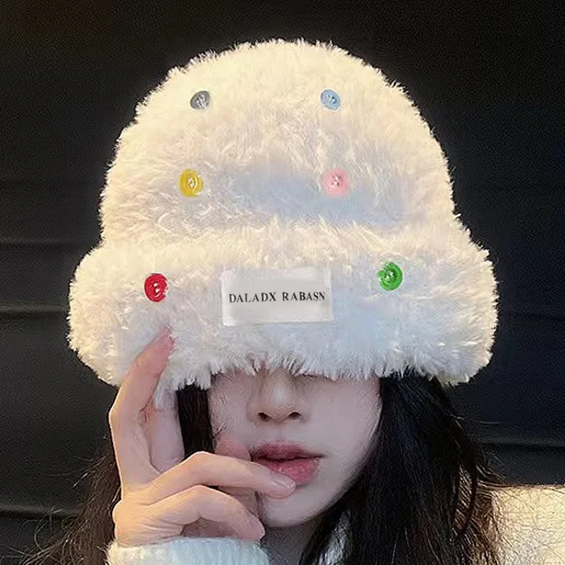 

Fluffy Fur Hat Women Soft Plush Hat Winter Warm Ear Protection Cap Colorful Buttons Outdoor Snow Coldproof Version Benines Caps