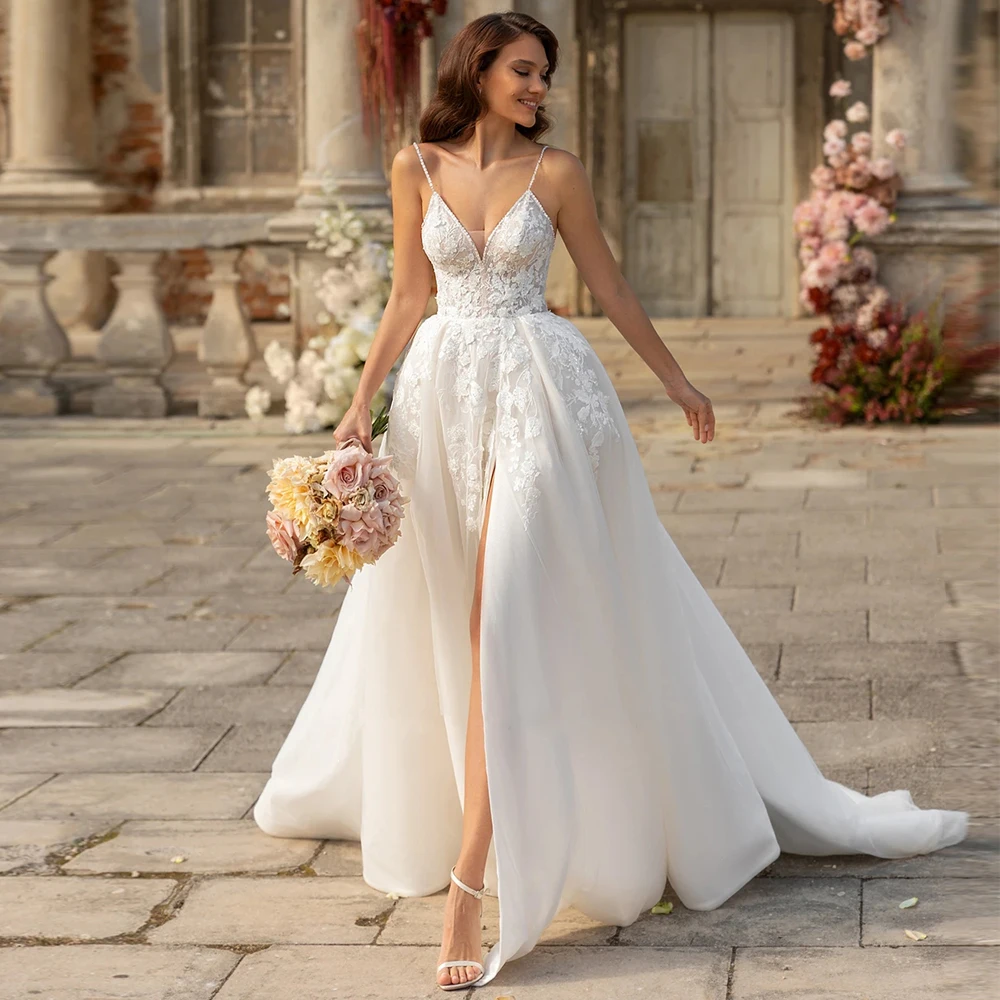 Sexy Beautiful V-Back Mermaid Wedding Dresses Lace Sleeveless High Split Bridal Gowns For Women Custom Made To Measures Beach