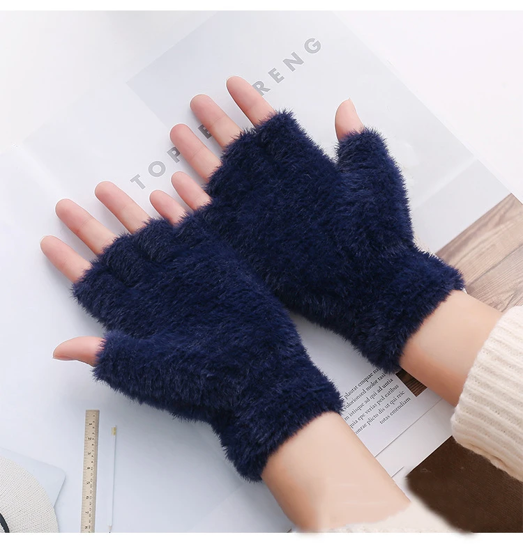 Lovely Fluffy Plush Fingerless Gloves Students Write Type Women Mink Soft Winter Warm Half Fingers Gloves Girls Knitted Mittens