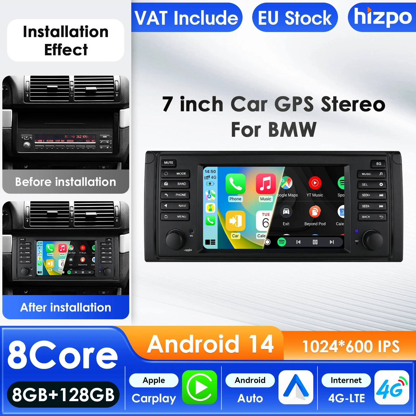 Hizpo 7'' Autoradio für BMW 5er E39 X5 E53 M5 Audio Multimedia Player CarPlay Android Auto GPS WIFI 4G FM RDS Autoradio AI