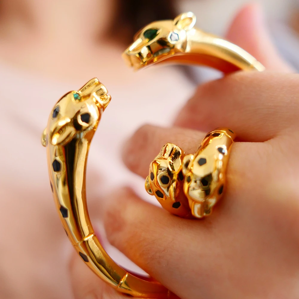 

Luxury Black Spot Green Eyes Double Head Leopard Cuff Bangle Bracelet Rings Gold-plated Panther Jewelry Set For Women 2022 Trend
