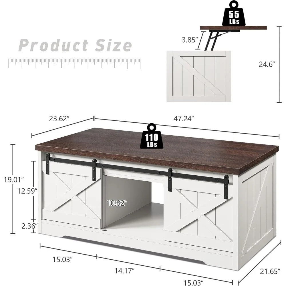 Farmhouse Lift Top Coffee Table with Sliding Barn Door Large Coffee Tables for Living Room, Wood Center Table