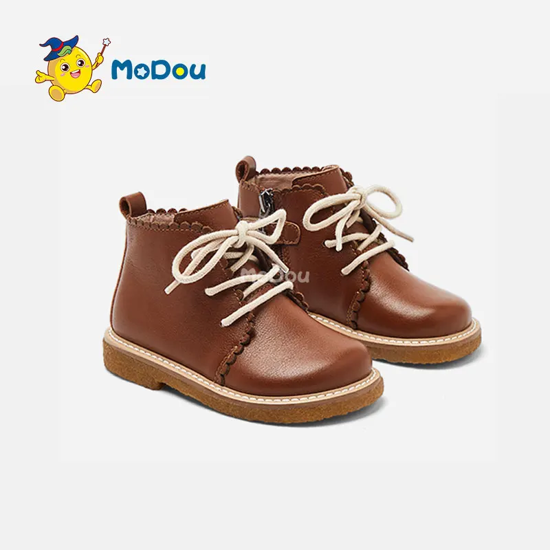

Mo Dou Genuine Leather Girls Martin Boots Soft Sole Boy's Ankle Shoes Autumn Winter Children Short Boots Plush Lining Kid Shoes