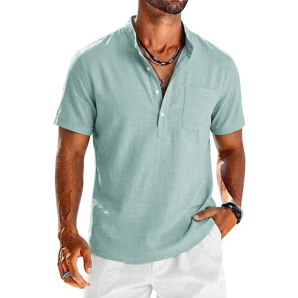 Sommer Herren Kurzarm Leinenhemden Leichte T-Shirts für Männer Atmungsaktives Henley-Shirt Lässiges Hemd mit Tasche und Knöpfen Strandhemd – Detail 8