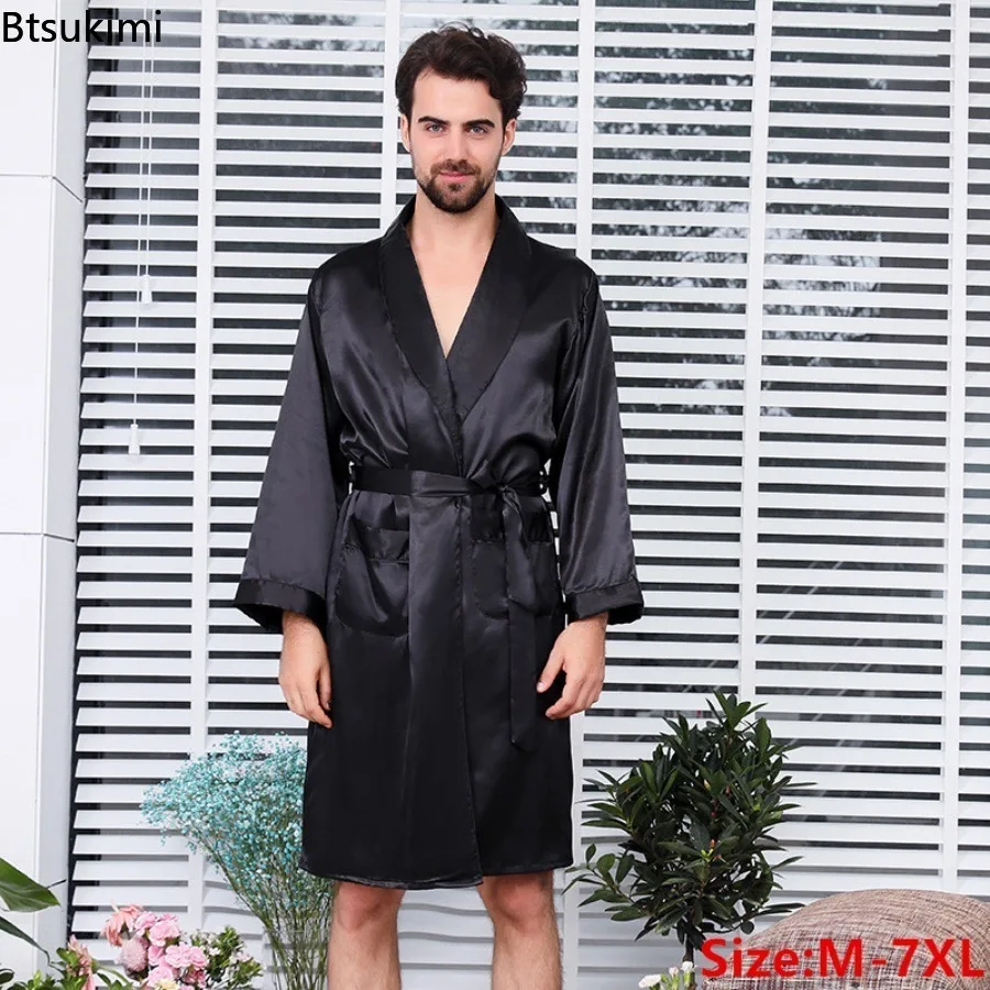 2024 New Men's Thin Pajamas Robes Bathrobe Black Lounge Silk Satin Nightwear for Men Comfort Noble Dressing Gown Male Homewear