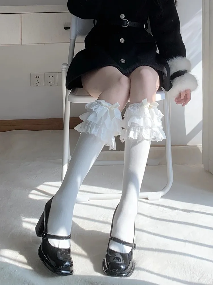 Lolita Spitze JK Strümpfe Sommer Schleife Knoten Gothic japanischen Stil lange Strümpfe Uniform Kniestrümpfe Y2k Mädchen süße Rüschen lange Socken – Detail 6