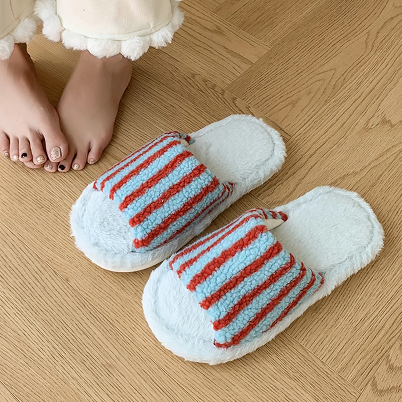 Korean Striped Fluffy Slippers Women 2025 Indoor Non Slip Open Toe Home Slides Woman Comfy Soft Sole Warm Cotton Slippers Female