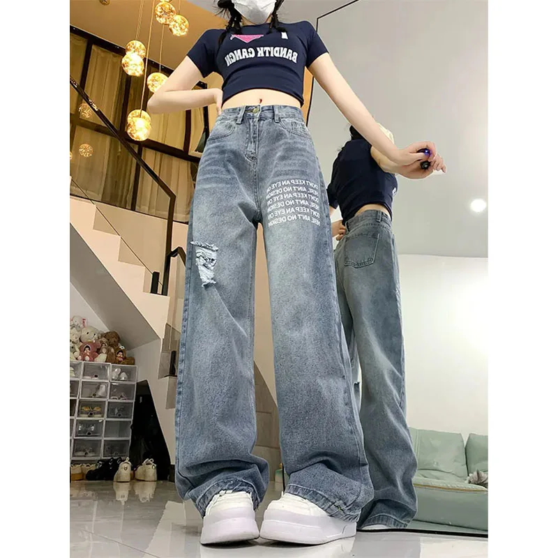 Hip Hop Street Trend Fashion American Flare Jeans Women's Summer Printed Button Zipper Pockets Design Loose Slim Straight Pants
