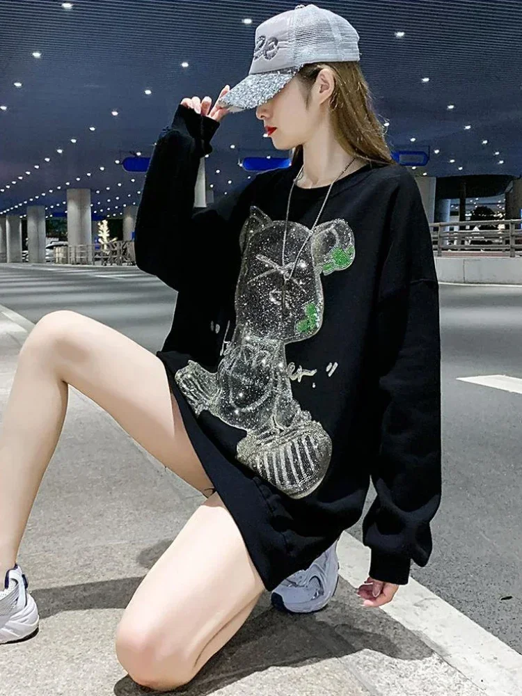 Rhinestone Woman Clothing Glitter Women\'s Sweatshirt Graphic Pullovers Top Round Neck Sequin Thick Y2k Style Essential M Basic E
