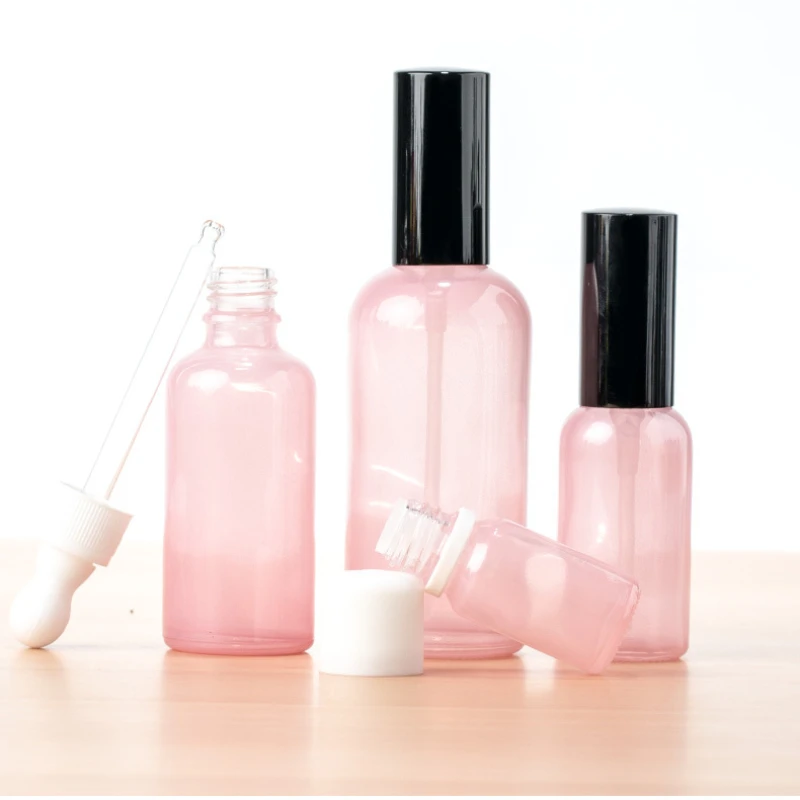 

10pcs 5ml 10ml 15ml 30ml 50ml 100ml Pink Empty Glass Fine Spray Bottle Essential Oil Dropper Bottle Press Emulsion Containers