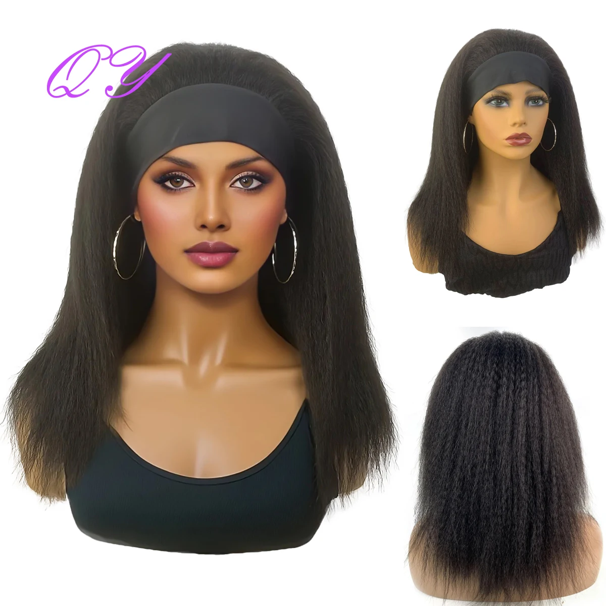 Synthetic Wig African Women Yaki Straight Headband Wigs Black Medium Length Hairstyle Women's Wig Daily Ladies Turban Wig ladies half skirt summer new black a line skirt single breasted medium length design youth fashion trend fashion half skirt