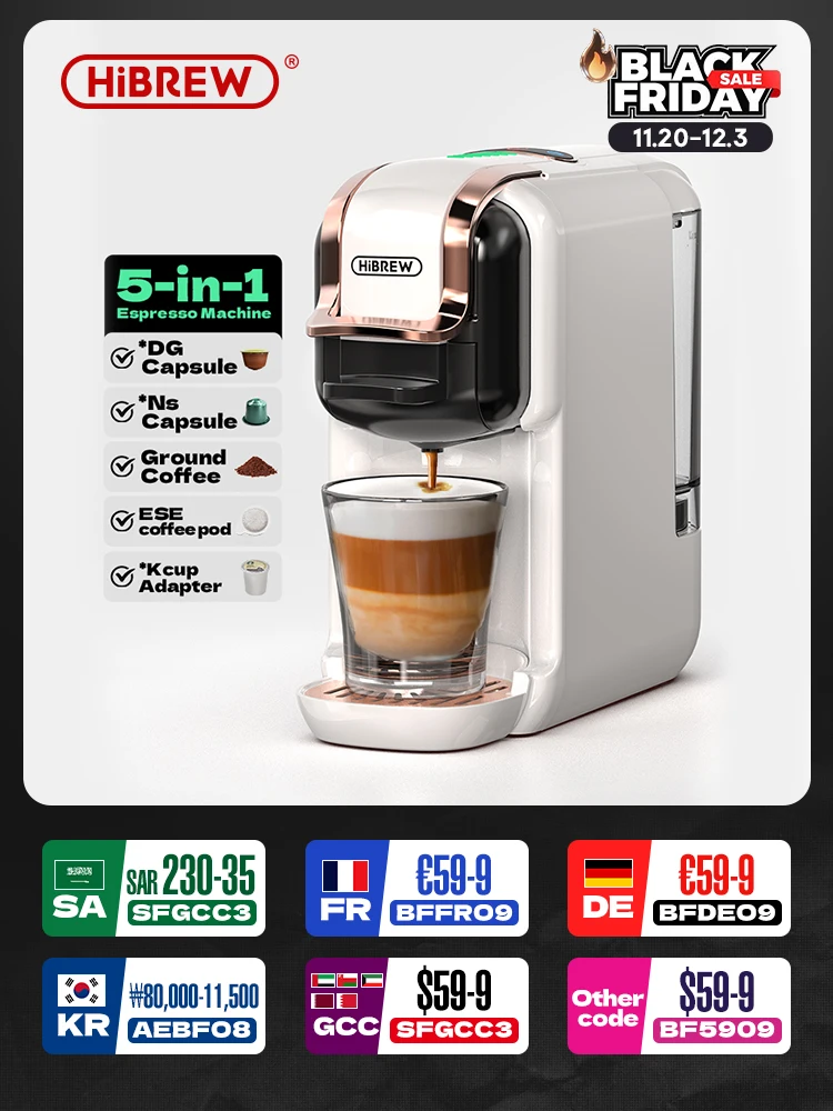 HiBREW 5 in 1 Multiple Capsule Coffee Machine Hot/Cold DG Cappuccino Nes Small Capsule ESE Pod Ground Coffee Cafeteria 20Bar H2B