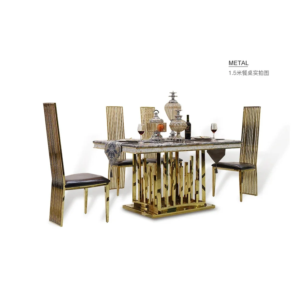 MINGDIBAO Luxury Marble Dining Table Set with Gold Stainless Steel Frame, Dining Room Table with Sea Shell and High-Back Chairs