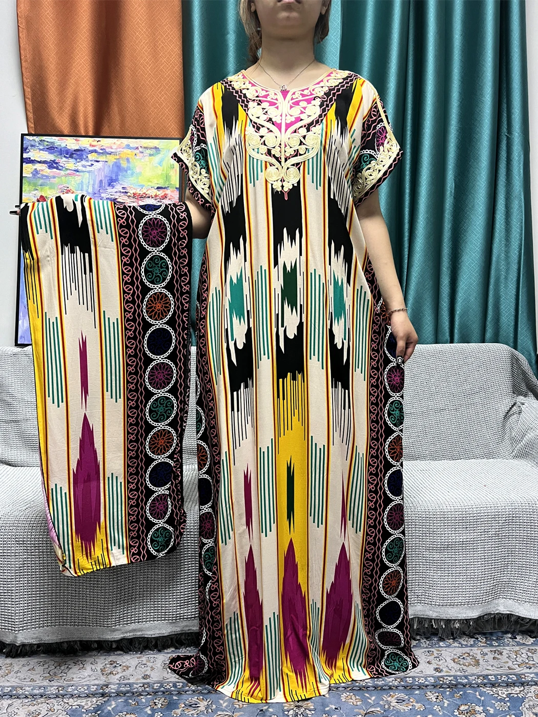 Muslim Abayas For Women 2024 Dubai Islam Floral Cotton Sequins Summer Loose Fit Femme Robe African Islam Dresses With Hijabs