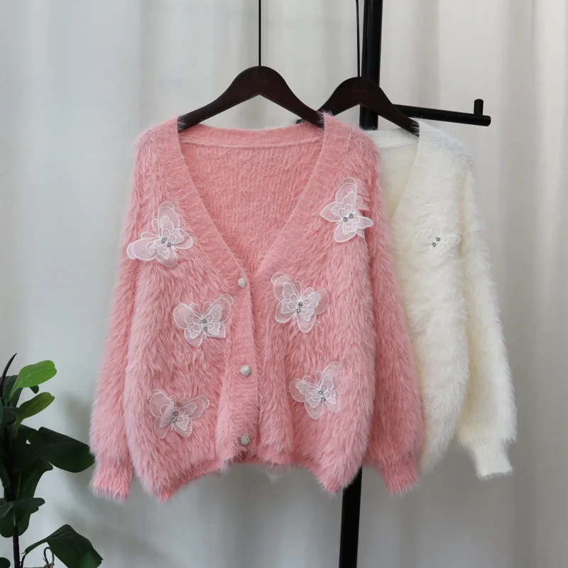 

EBAIHUI Imitation Mink Fleece Women's Knitwear 3D Butterfly Design Ladies Sweater Autumn and Winter New Loose Cardigans Coat