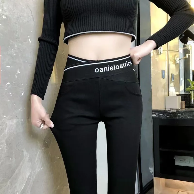 Black Spring New Tight Pants Women Elastic Force Large Size Letter High Waist Printing Slim Comfortable All-match Trousers