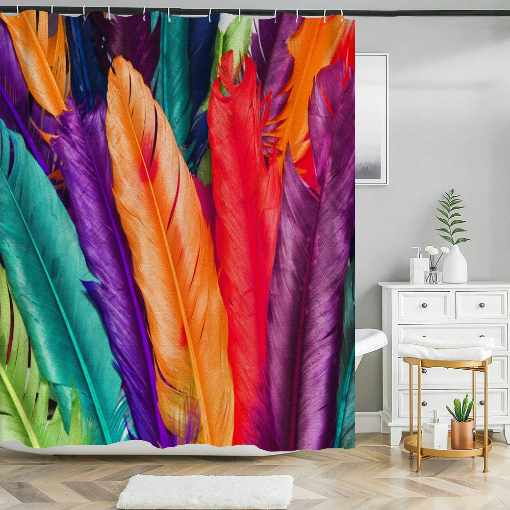 

Beautiful colorful feathers printed shower curtain bath curtain waterproof polyester bath screen with Hooks home decor curtain