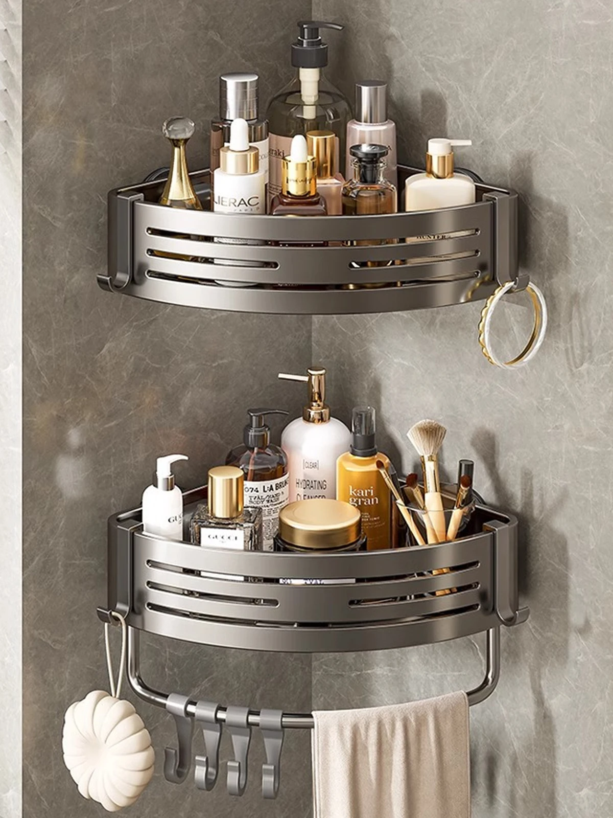 Bathroom Shelf for Shower Corner with Towel Holder Hooks, Suction Cup Wall Mounted Grey Bathroom Rack Space Aluminum