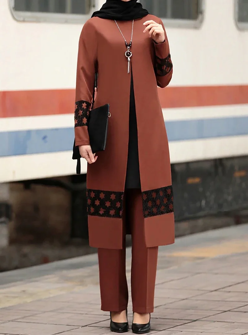 Muslim Sets Patch Designs Chiffon Muslim Women Long Tops Islamic Pants 2 Piece Set
