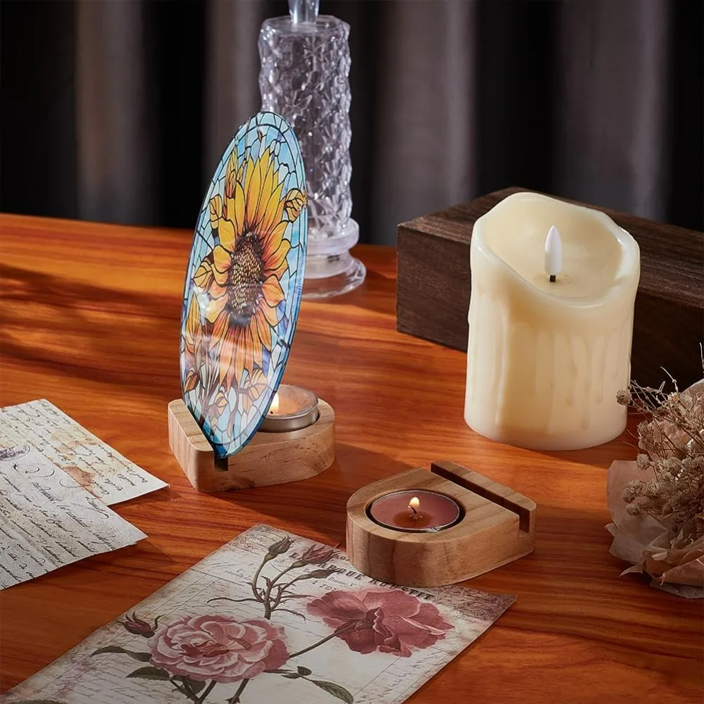 2 Pcs Wooden Glass Display Stands with Candle Holder 2.75x2.36 Inch Arch Wooden Pedestal Wood Base Stand for Glass Display Party