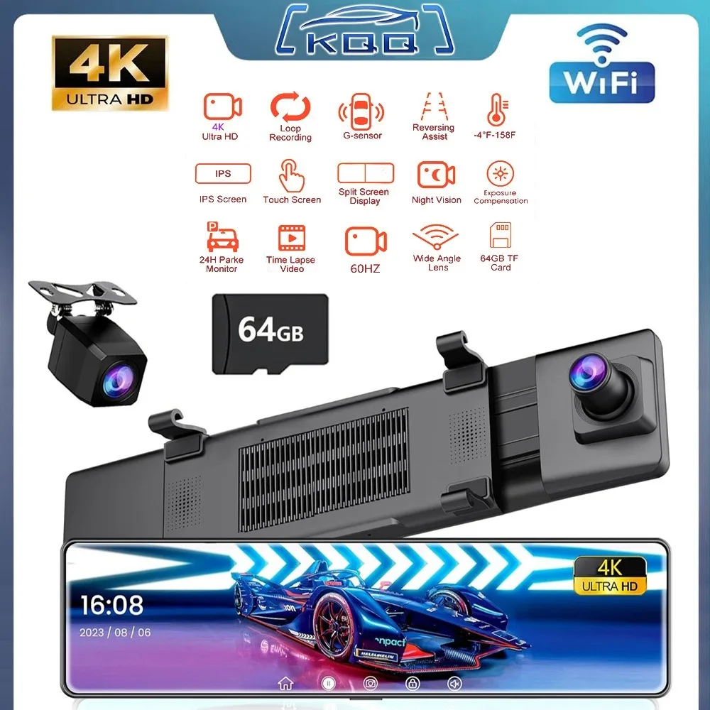 

KQQ 4K Front and Rear Dual Camera Car DVR 12" Mirror Dash Cam with 64g SD Card G-Sensor Support 24H Parking Monitor Night Vision