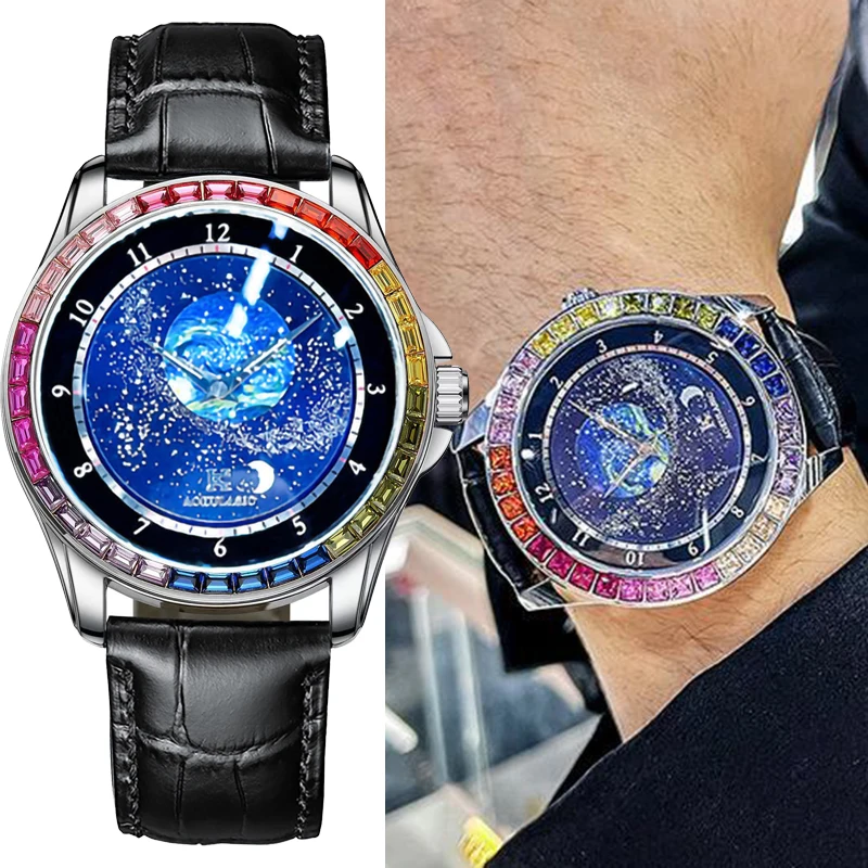 

AOKULASIC Starry Sky Colorful Diamond Fully Automatic Mechanical Watch Men's Waterproof Glow Personalized High end Men's Watch