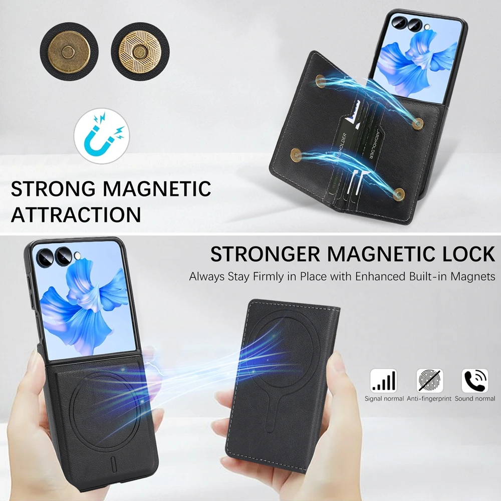 Magnetic Leather Phone Case with Card Holder & Kickstand, Wireless Charging Compatible