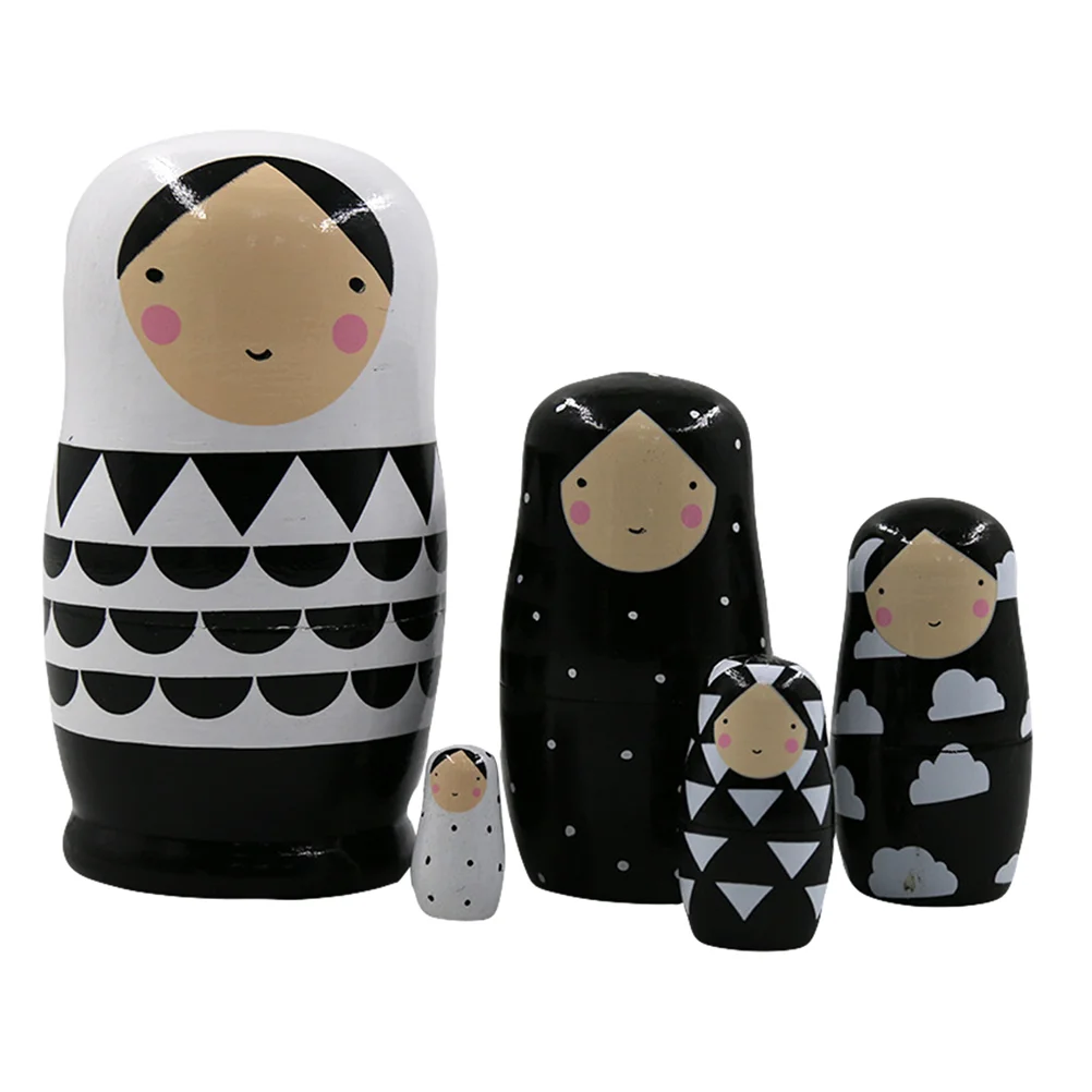 

5 Pcs Childrens Toys Black White Matryoshka Kids Nesting Russian Wood Ornament