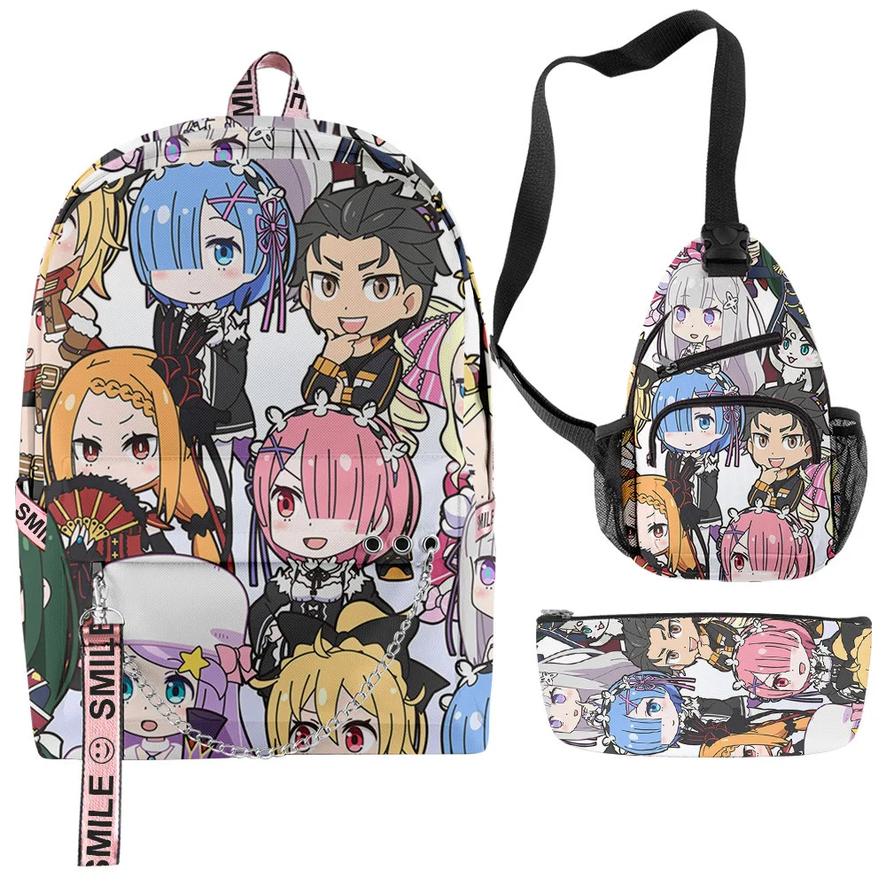 

Classic Re:Life In A Different World From Zero RE0 Subaru Emilia Rem 3D 3pcs/Set School Bag Backpack Chest Bag Pencil Case