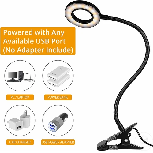 유연한 구스넥 침대 야간 조명, 48 LED USB 책 조명 클립, 책상 램프, 독서등, 3 색 모드, 10 밝기 조광기, 360 ° 3