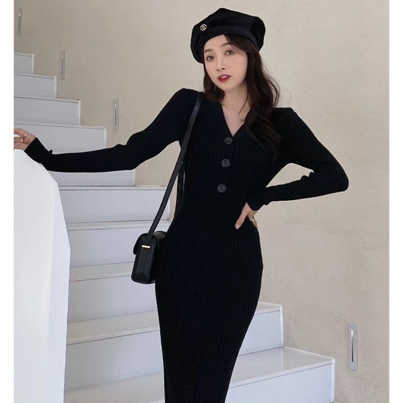 

Knitted Dress for Women Elegant Chic Maxi Bodycon Dresses Female Deep V-neck Party Knit Wrap Dress Long Sleeve New Vestidos G784