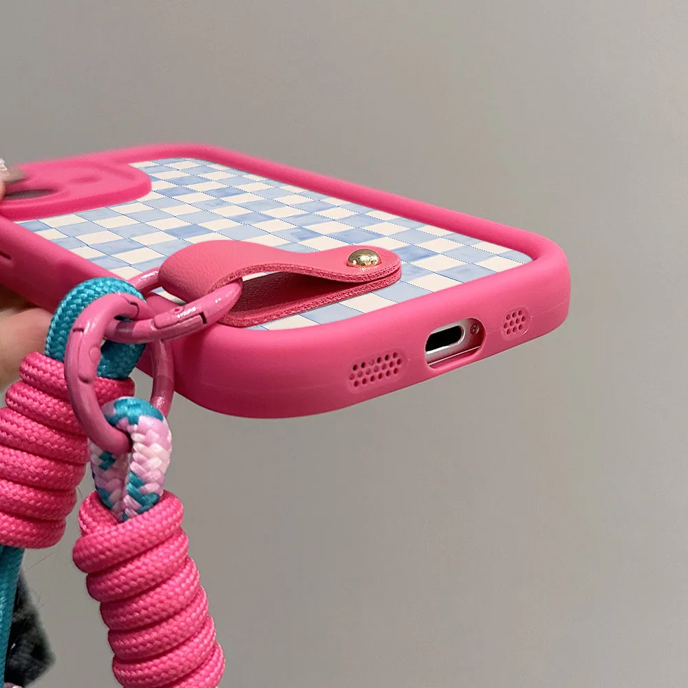 Watercolor Grid Checkered Lanyard Phone Strap Case