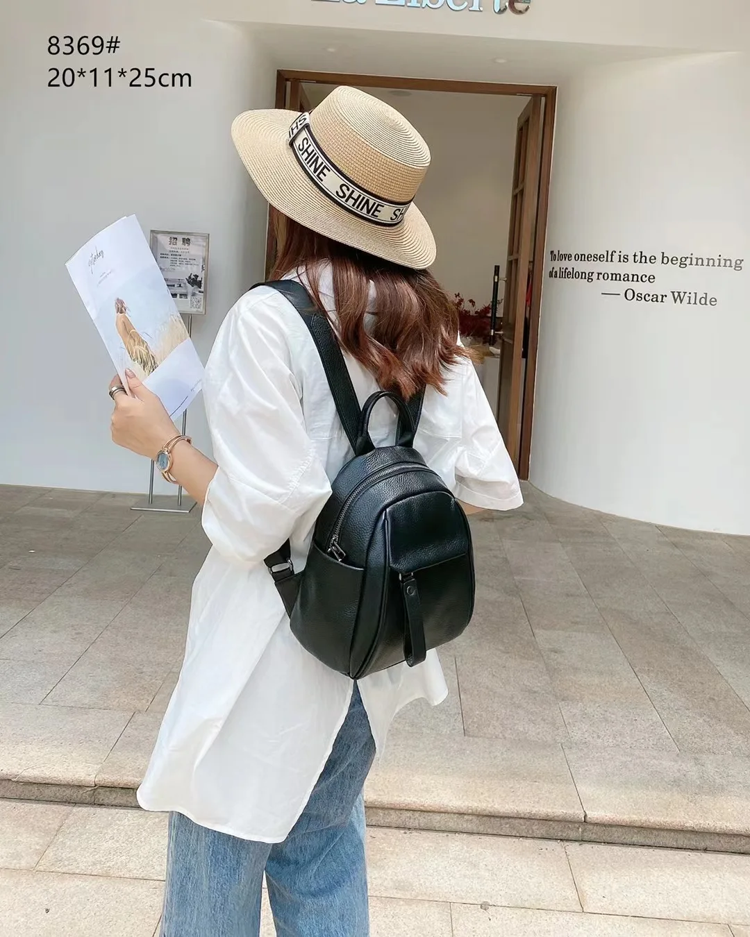 New women's top layer cowhide classic Backpack Large capacity lychee print Genuine leather Knapsack