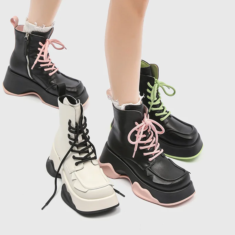 Square Toe British Style Boots Autumn Winter Platform Thick Sole Mid-calf Zipper Color Contrast Splicing Casual Short Boots