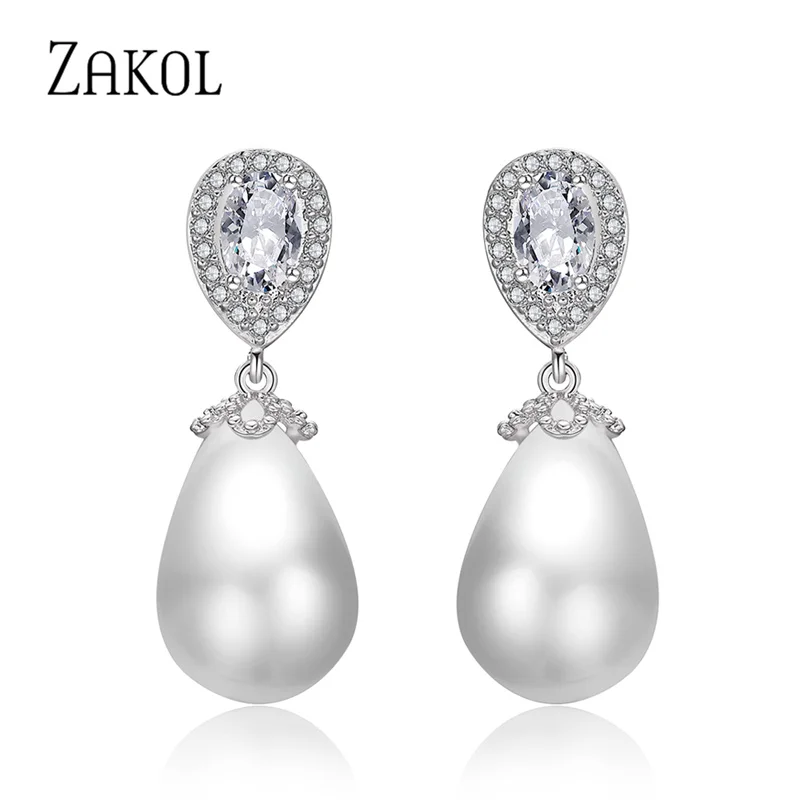 Boucles D'oreilles Dormeuses Argentées – Perle Blanche Ovale Et Zircon, Luxe, Neuves