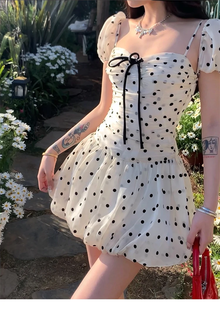 Polka Dot Birthday Party Dress Off Shoulder Puff Sleeve A-line Ball Gown Mini Dresses for Women Korean Fashion One Piece Vestido