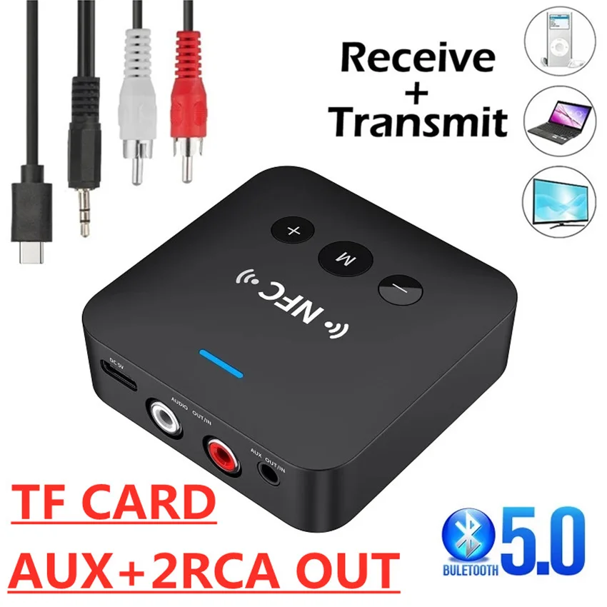Bluetooth 5.0 Audio Transmitter Receiver AptX 3.5mm Jack Aux RCA Wireless Adapter Stereo Music for TV Car PC Headphone 2 Speaker |