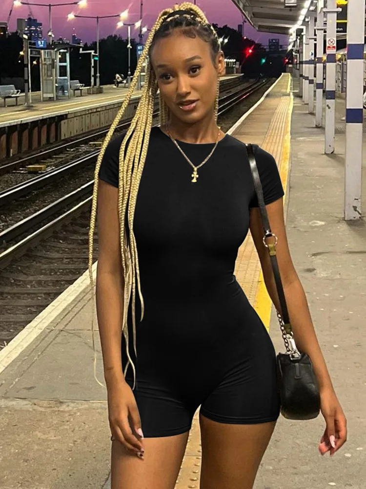 InstaLike Sexy Backless Youthful Woman Clothes Jumpsuits Casual Bodycon Short Sleeve Overalls One Pieces Sports Jumpsuit Gym