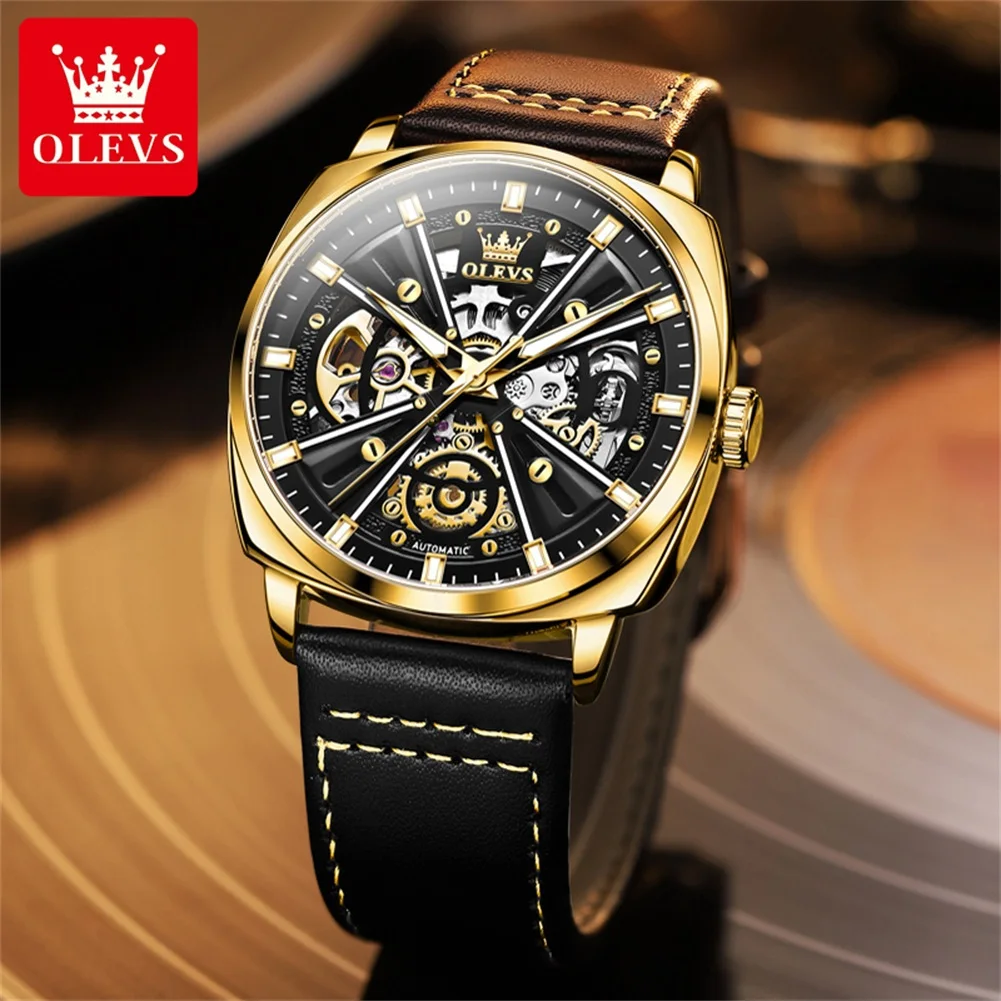 OLEVS 6685 Man Watch Waterproof Luminous Luxury Automatic Dress Leather Wristwatch Hollow Skeleton Mechanical Watch For Men