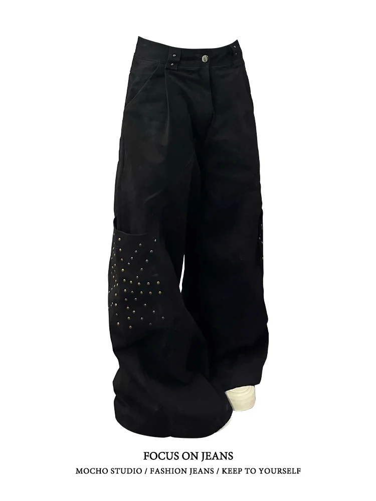 미국 레트로 리벳 디자인 워크웨어 청바지 루즈 와이드 레그 팬츠 하이웨이스트 봄 가을 여성 패션 트렌드 데님 청바지 - AliExpress