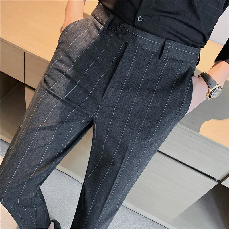 Pantalones vestir clásicos a rayas para hombre, traje Formal para oficina y trabajo Social, ropa de calle de alta calidad, de tubo informales, AliExpress