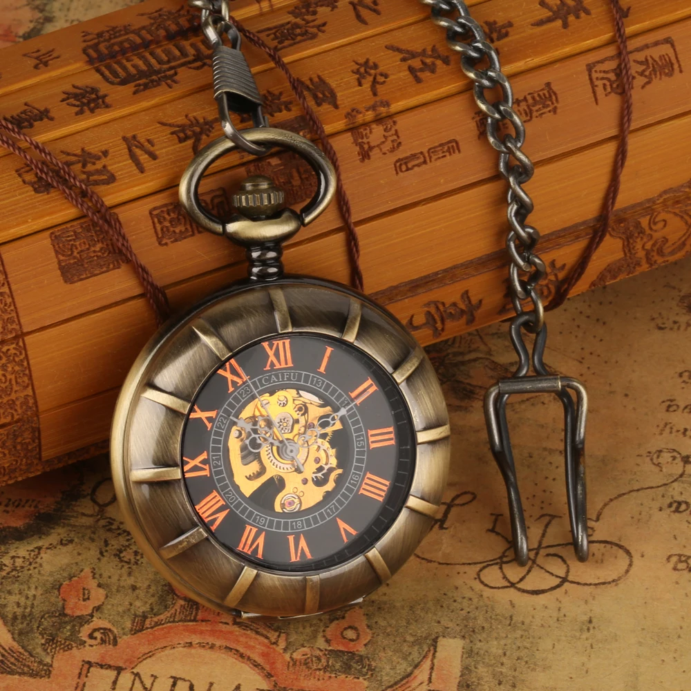 

Transparent Glass Bronze Antique Mechanical Pocket Watch Men Double Hunters Hand Winding Mechanical Pocket Clock Retro Chain